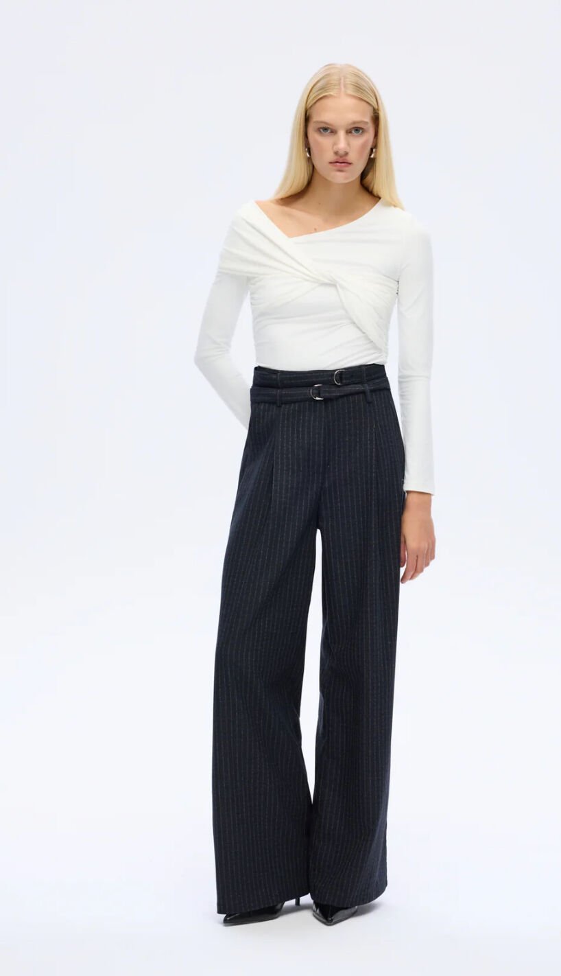 Çizgili Çift Kemerli Palazzo Pantolon Lacivert