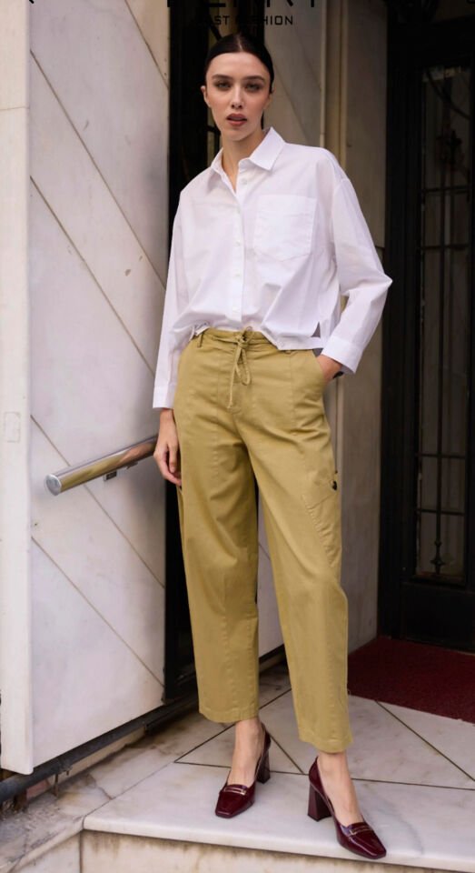 Olive Bağcıklı Yandan Cepli Pantolon