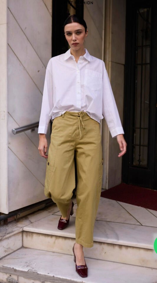 Olive Bağcıklı Yandan Cepli Pantolon