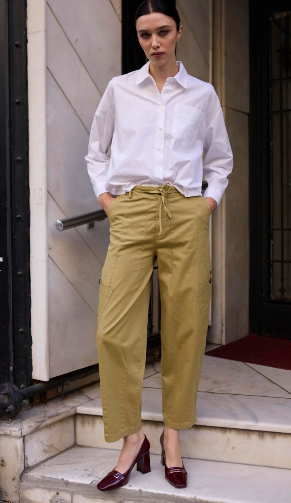 Olive Bağcıklı Yandan Cepli Pantolon