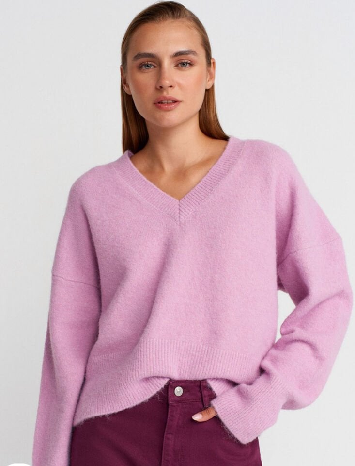 V Yaka Yün Karışımlı Triko Kazak-Lavanta