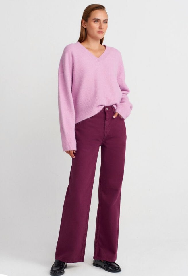 V Yaka Yün Karışımlı Triko Kazak-Lavanta