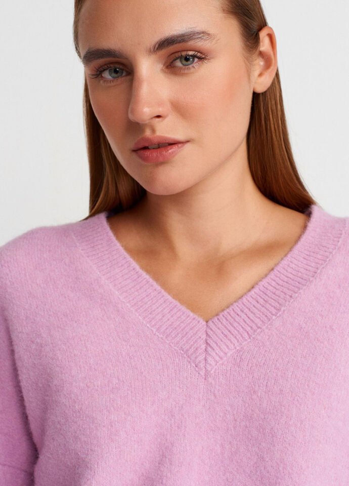 V Yaka Yün Karışımlı Triko Kazak-Lavanta