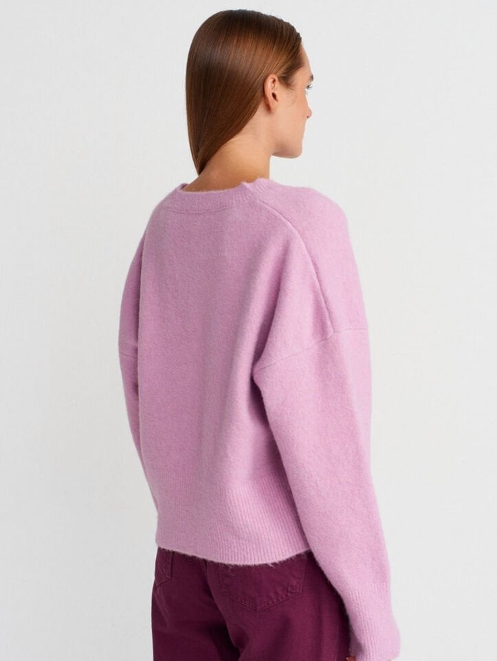 V Yaka Yün Karışımlı Triko Kazak-Lavanta