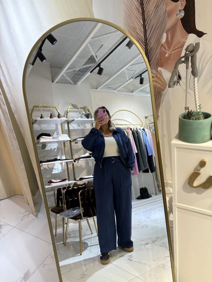 Lacivert Bel Lastikli Şık Geniş Paça Takım