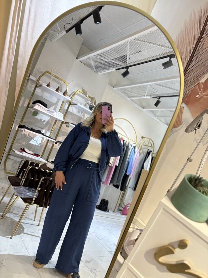 Lacivert Bel Lastikli Şık Geniş Paça Takım