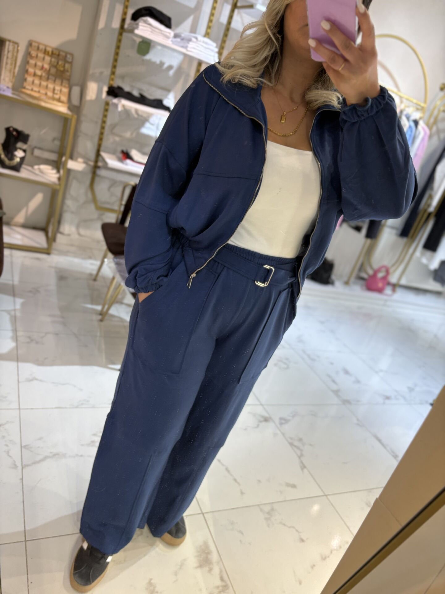 Lacivert Bel Lastikli Şık Geniş Paça Takım