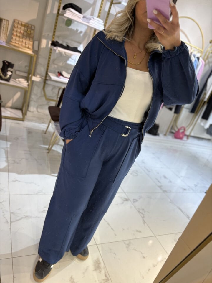 Lacivert Bel Lastikli Şık Geniş Paça Takım