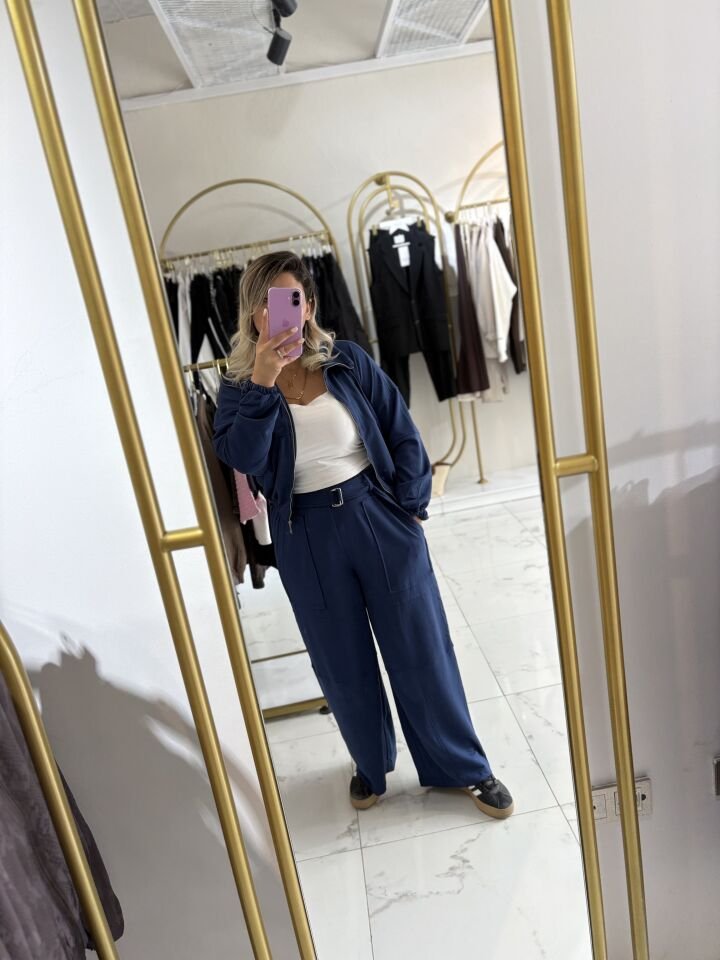 Lacivert Bel Lastikli Şık Geniş Paça Takım