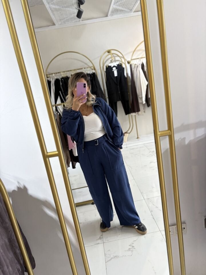 Lacivert Bel Lastikli Şık Geniş Paça Takım