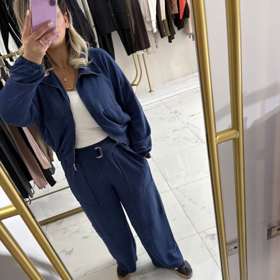 Lacivert Bel Lastikli Şık Geniş Paça Takım