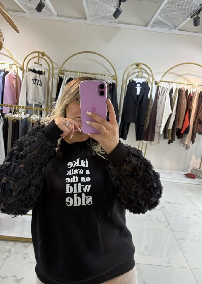 Kolları Tül Detaylı Önü Yazılı Sweat