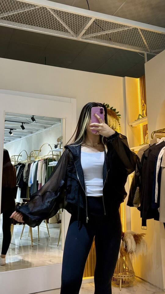 Siyah Şifon Kapüşonlu Oversize Ceket