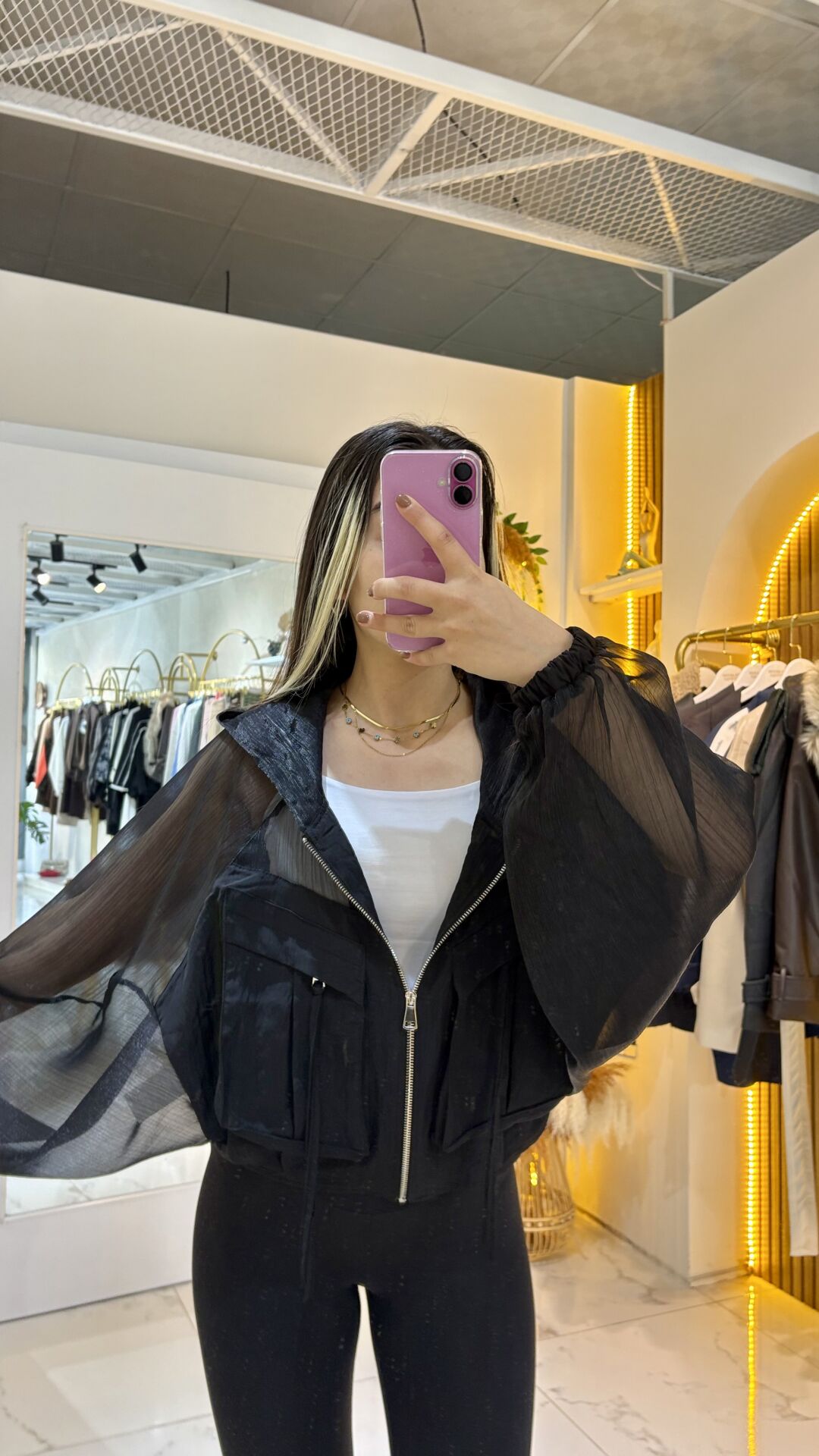 Siyah Şifon Kapüşonlu Oversize Ceket