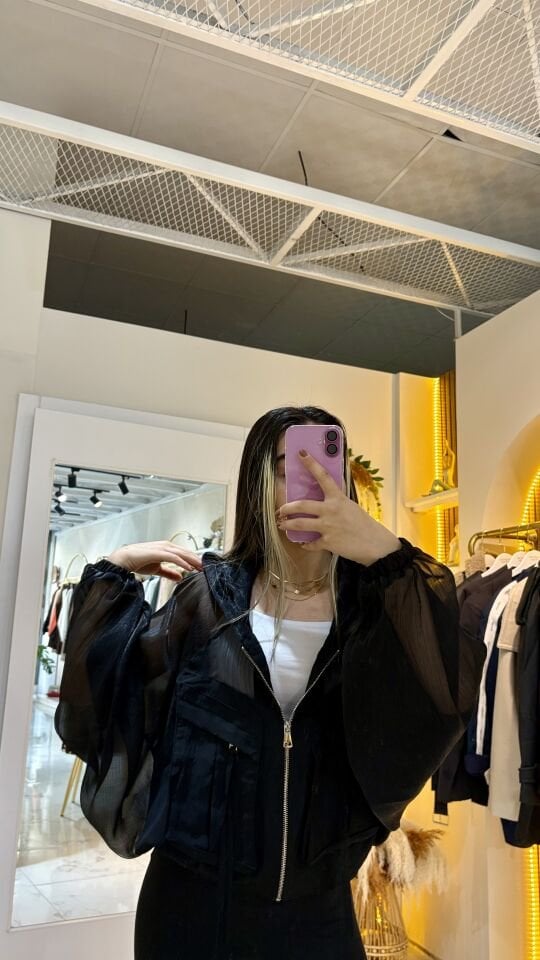 Siyah Şifon Kapüşonlu Oversize Ceket