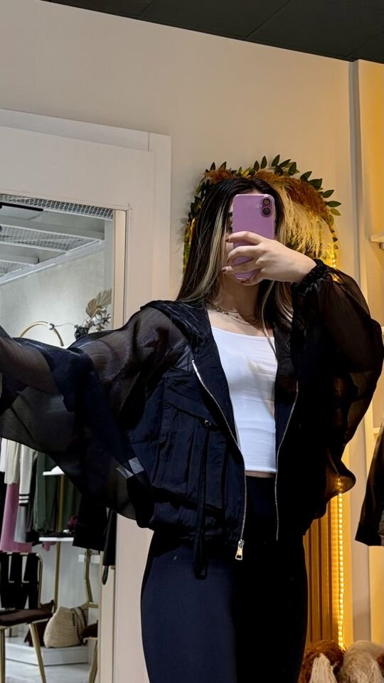 Siyah Şifon Kapüşonlu Oversize Ceket