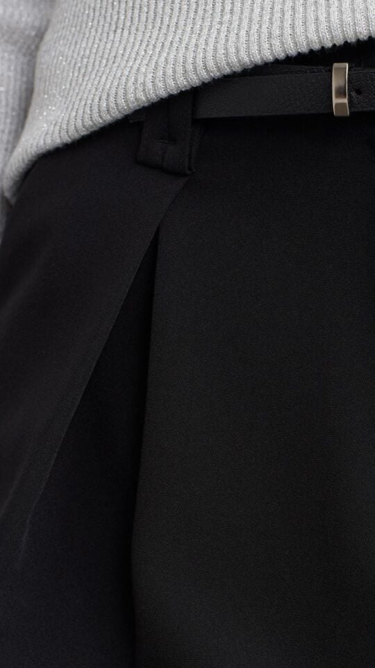 Kemerli Pensli Kumaş Pantolon-Siyah