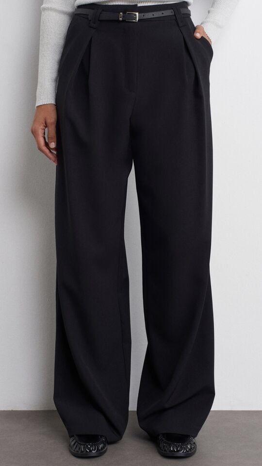 Kemerli Pensli Kumaş Pantolon-Siyah