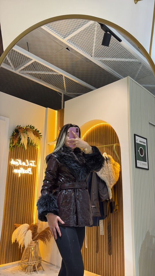 Mürdüm Şıklığı Kürk Detaylı Deri Mont