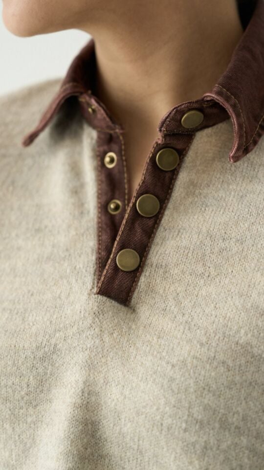 Kontrast Yaka Detaylı Düğmeli Triko Kazak