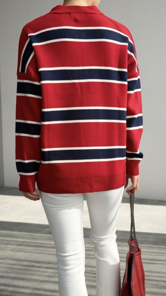 Renk Bloklu Çizgili Polo Yaka Triko Kazak – Kırmızı