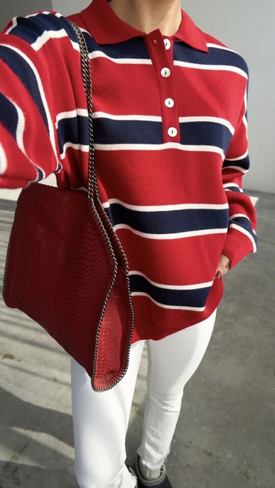 Renk Bloklu Çizgili Polo Yaka Triko Kazak – Kırmızı