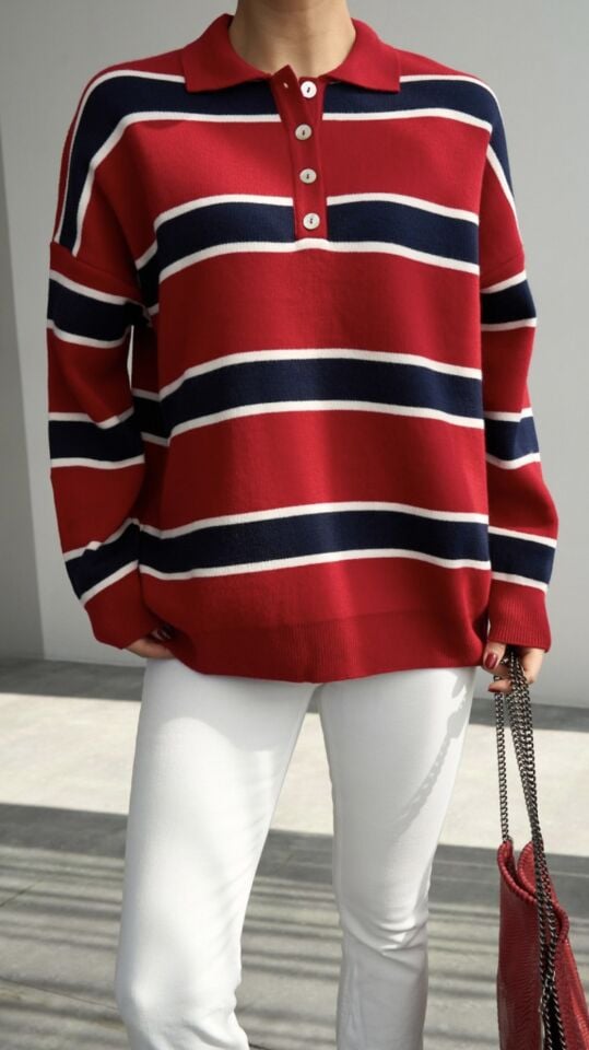 Renk Bloklu Çizgili Polo Yaka Triko Kazak – Kırmızı