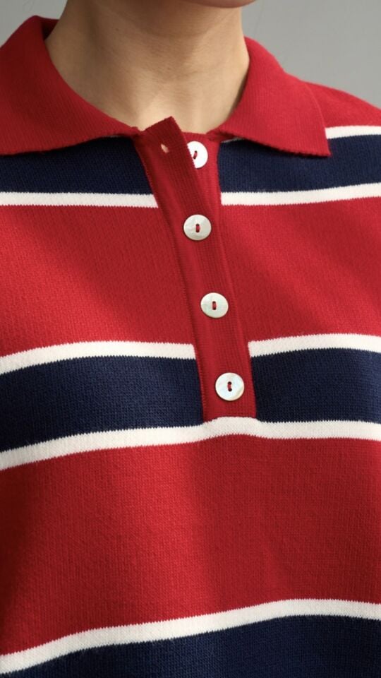 Renk Bloklu Çizgili Polo Yaka Triko Kazak – Kırmızı