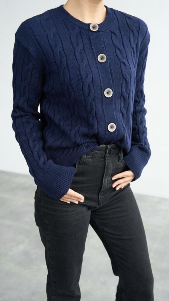 Kalın Örgü Desenli Düğmeli Hırka – Lacivert