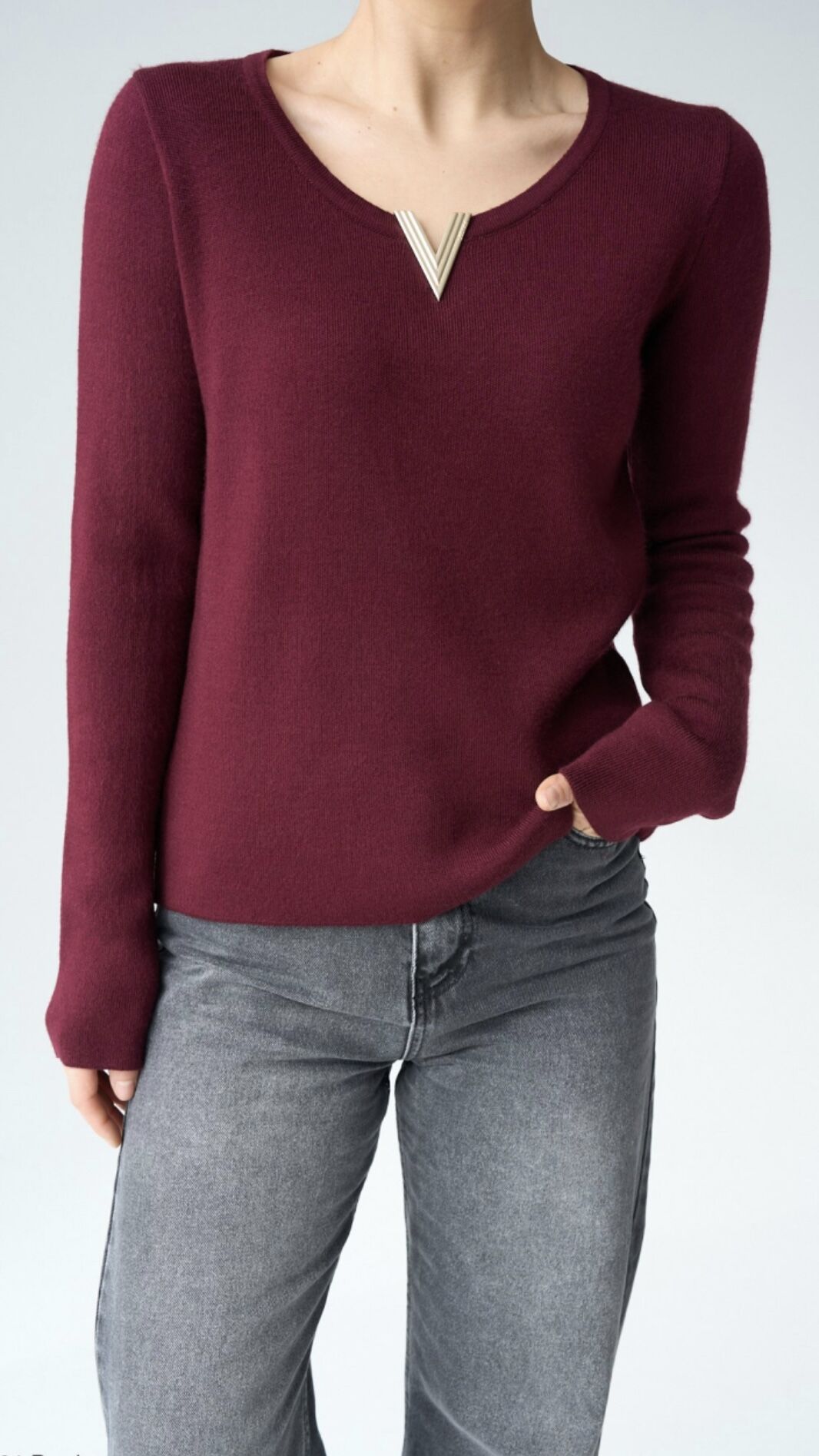 V Detaylı Bordo Triko Kadın Kazak