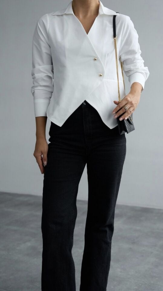 Asimetrik Kruvaze Beyaz Altın Düğmeli Kadın Gömlek