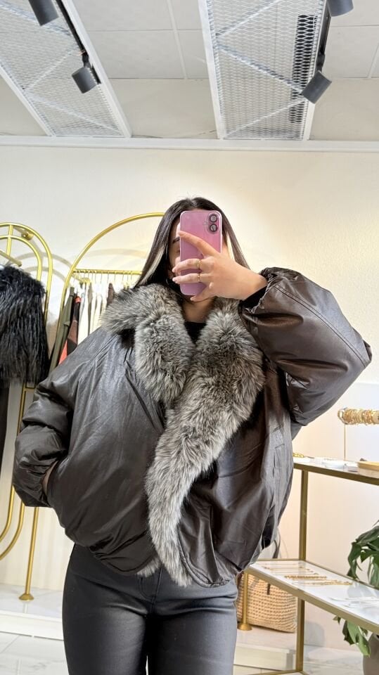 KÜRK DETAYLI ACI KAHVE ŞİŞME MONT