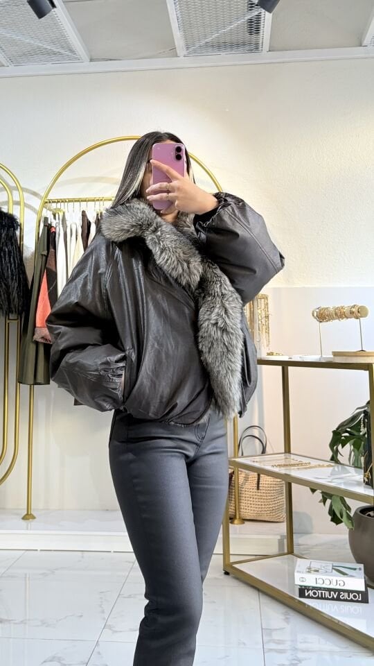 KÜRK DETAYLI ACI KAHVE ŞİŞME MONT