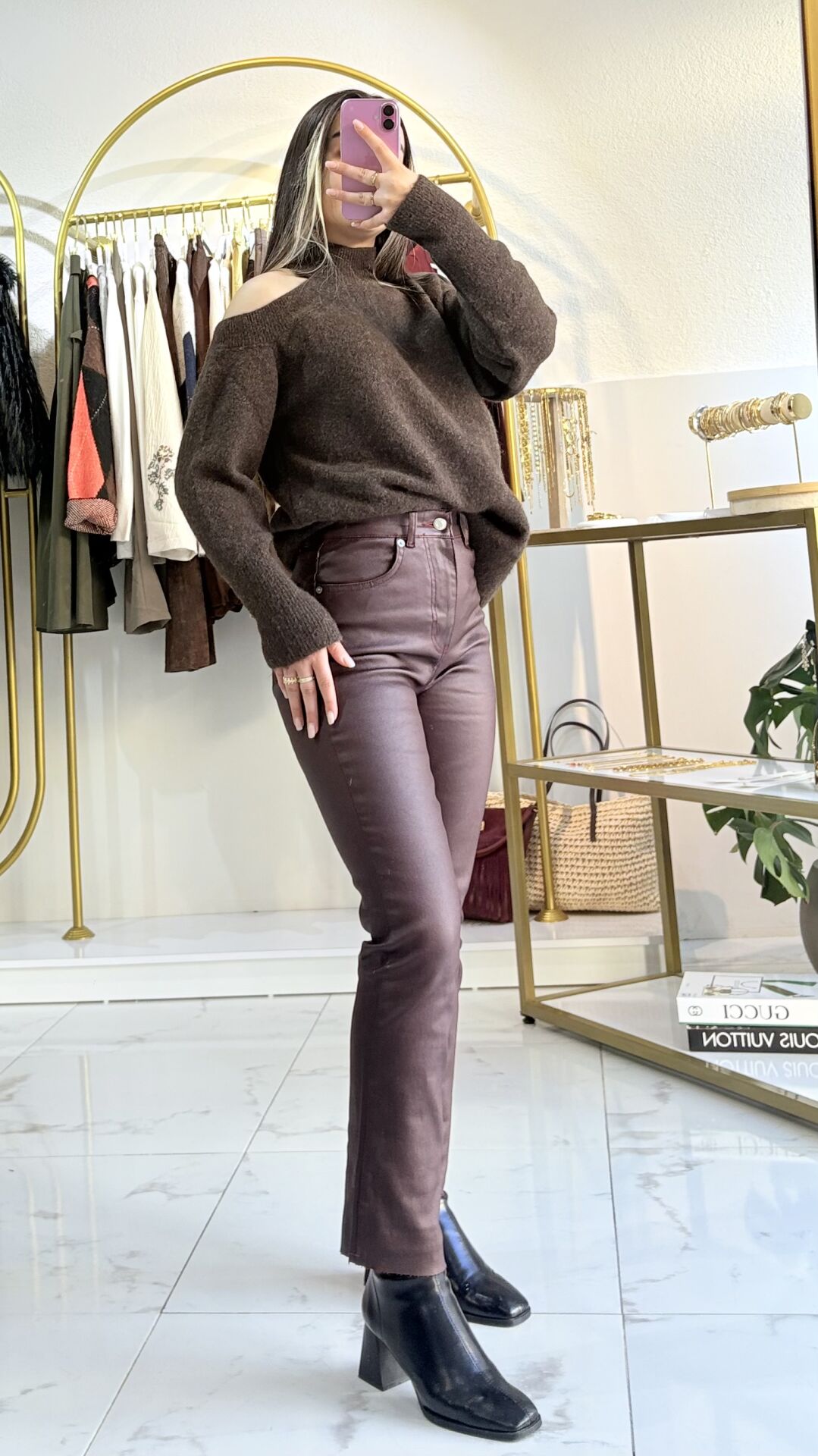 Yüksek Bel Bordo Mumlu Kesik Paça Pantolon