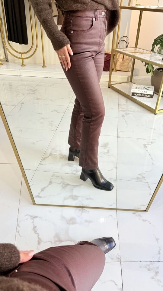 Yüksek Bel Bordo Mumlu Kesik Paça Pantolon