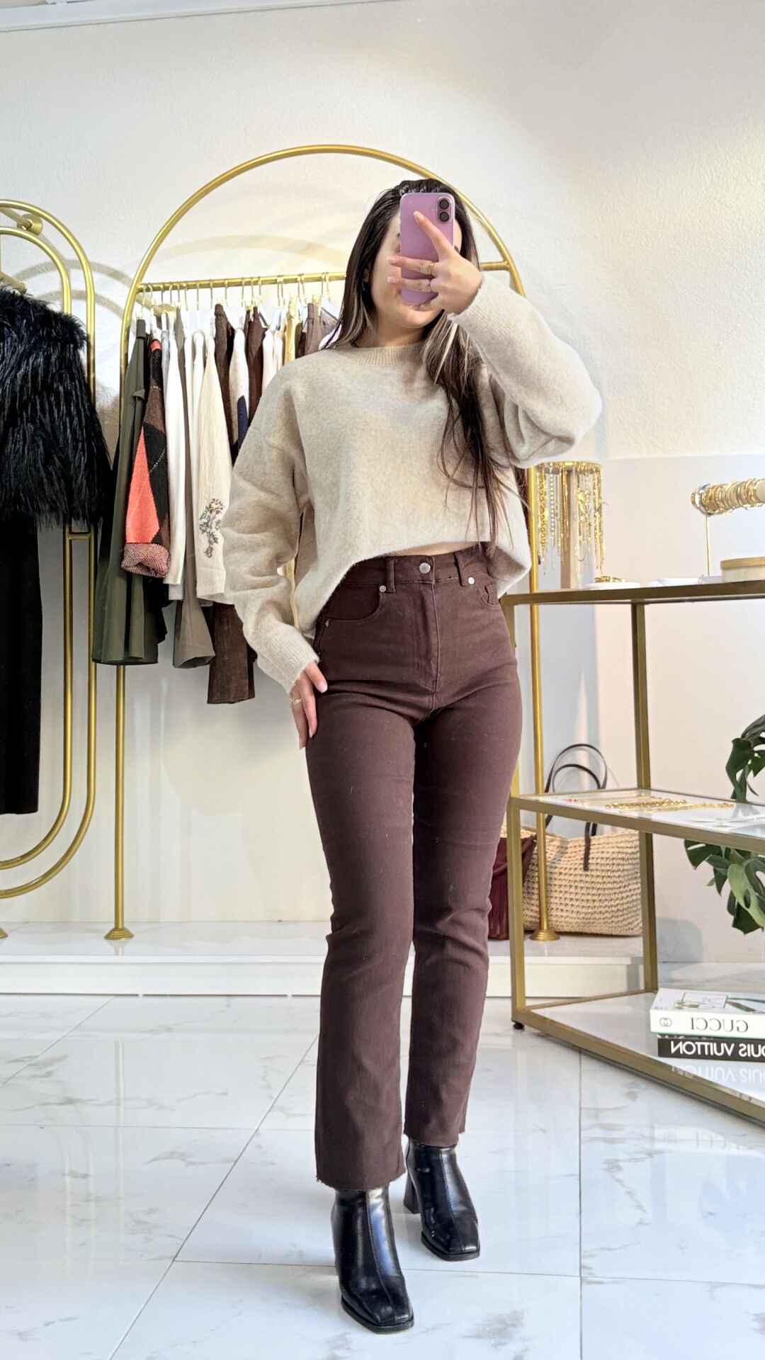 Yüksek Bel Kesik Paça Boyfit Pantolon – Kahverengi