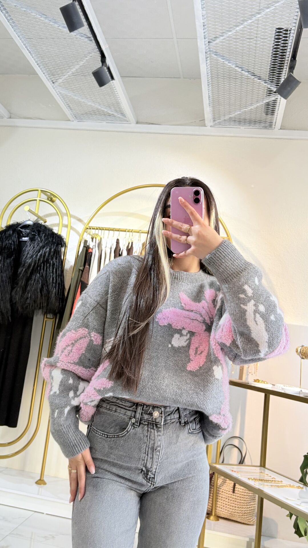 Pembe-Gri detaylı Kalın Kazak