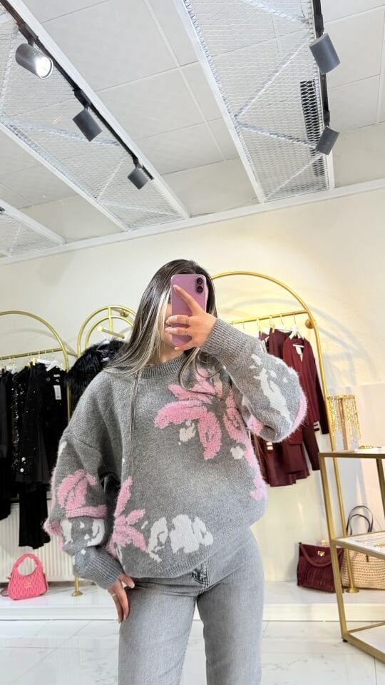 Pembe-Gri detaylı Kalın Kazak