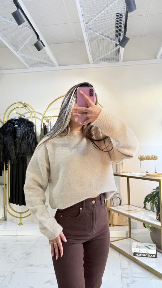 Bisiklet Yaka Yumuşak Dokulu Triko Kazak-Bej rengi