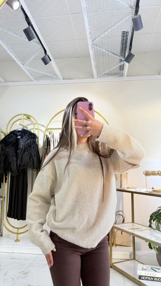 Bisiklet Yaka Yumuşak Dokulu Triko Kazak-Bej rengi