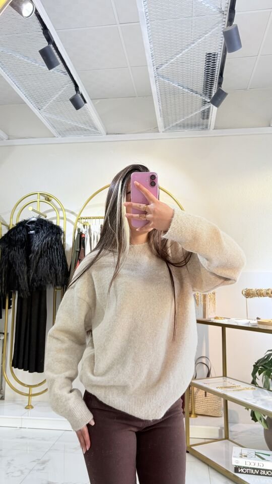 Bisiklet Yaka Yumuşak Dokulu Triko Kazak-Bej rengi