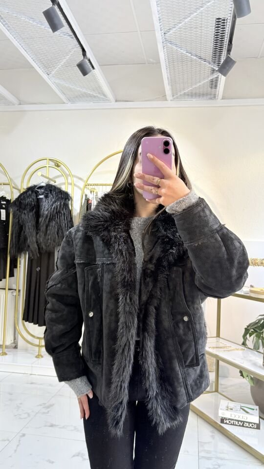 Çatlak Deri Fermuarlı Kürklü Mont