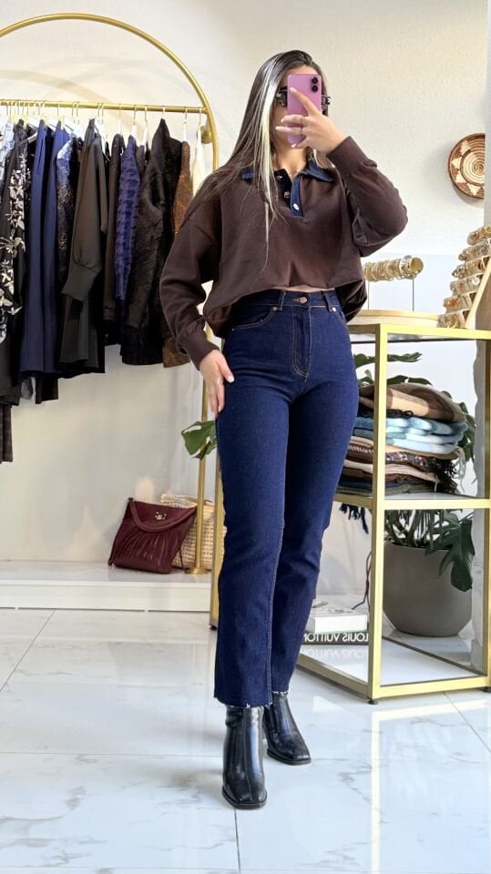 Yüksek Bel Kesik Paça Boyfit Pantolon – Lacivert