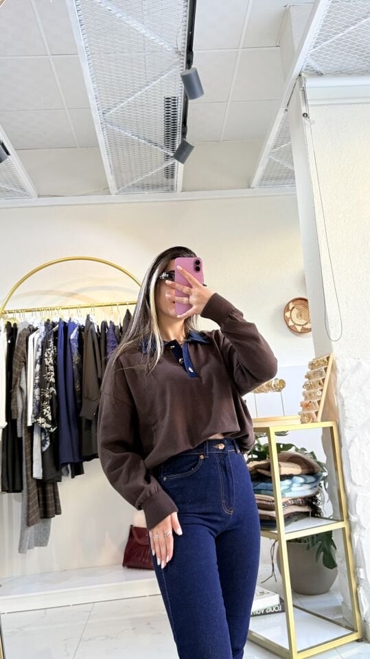 Yaka Kot Detaylı Triko Kahve Kadın Kazak