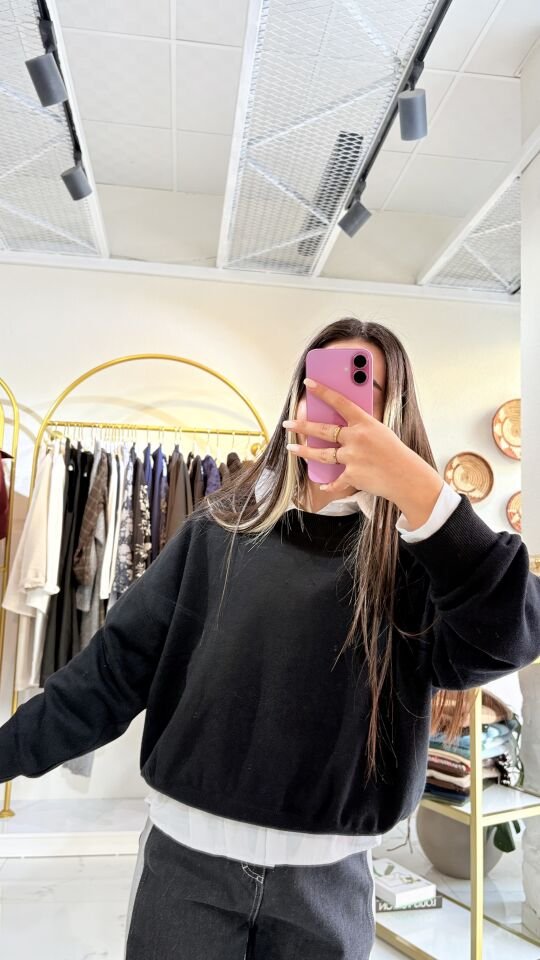 Siyah Bisiklet Yaka  Kadın Triko Kazak