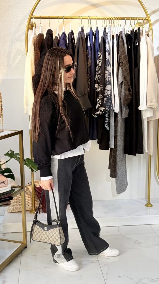 Siyah Bisiklet Yaka  Kadın Triko Kazak