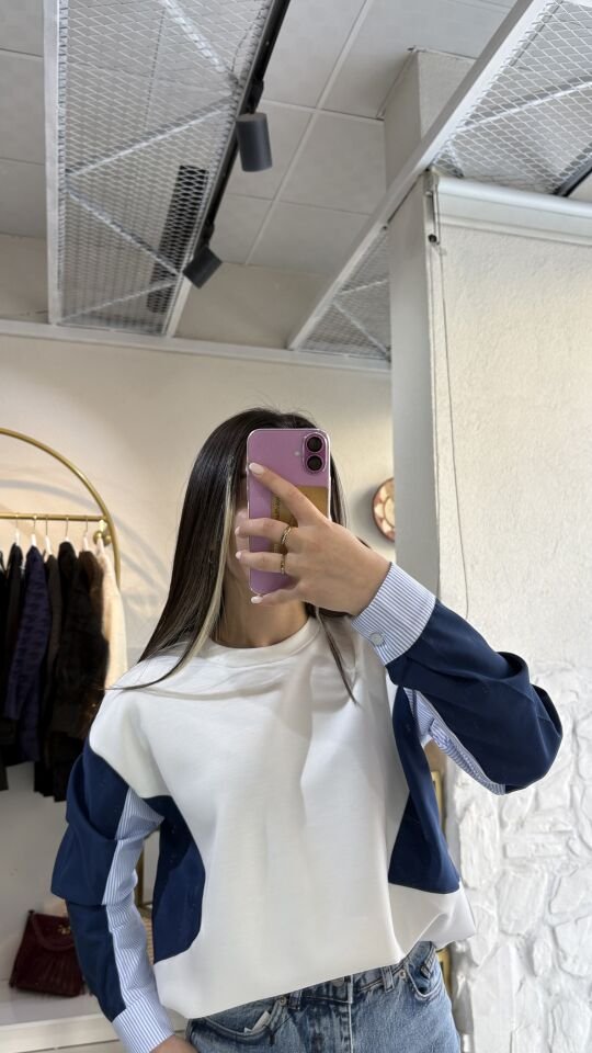 Blok Desenli Beyaz Sweatshirt