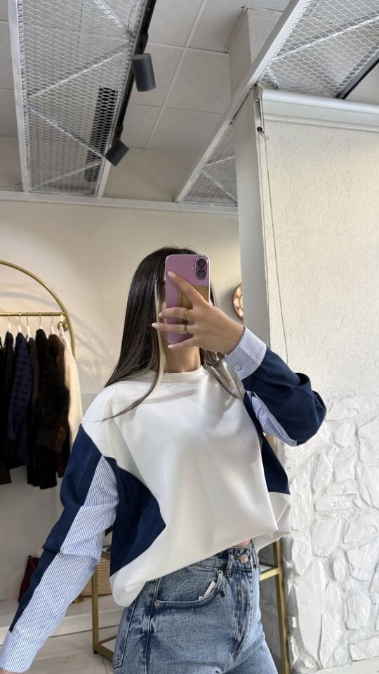 Blok Desenli Beyaz Sweatshirt