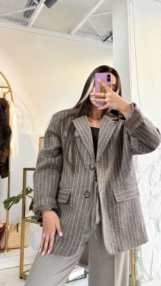 Çizgili Kaşe Blazer Ceket Vizon