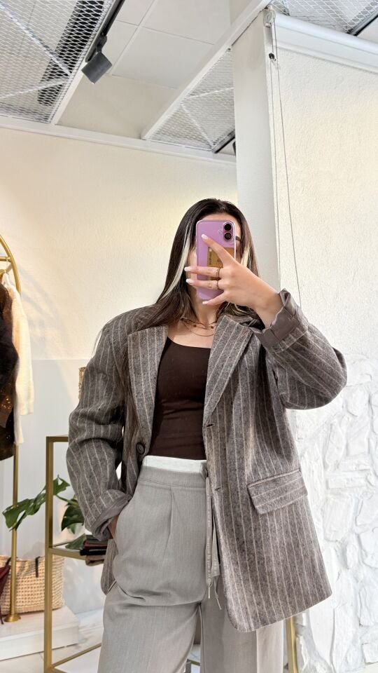 Çizgili Kaşe Blazer Ceket Vizon